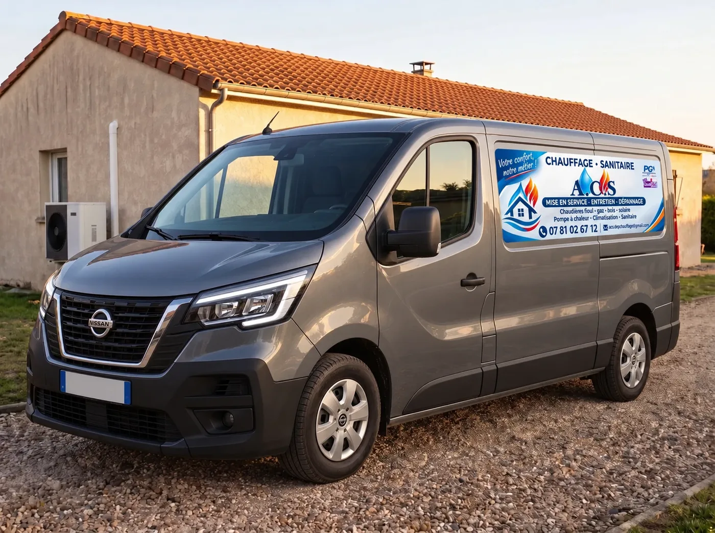 Fourgon d'intervention ACS avec son autocollant chauffage et sanitaire